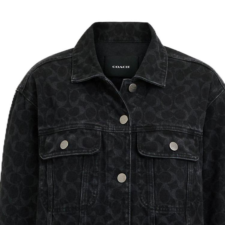 Purchase (W) COACH Jaket Denim Hitam dengan Logo Solid dan Kerah Lancip. CL264-BLK