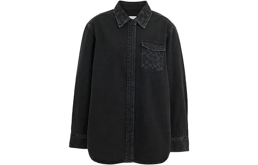 (Women) COACH  Black Denim Long Sleeve Shirt with Solid Logo Design. CL269-BLK