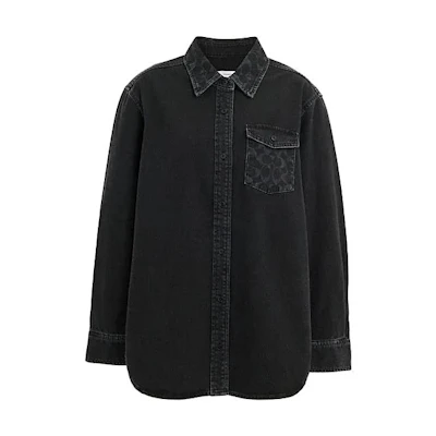 (Women) COACH Black Denim Long Sleeve Shirt with Solid Logo Design. CL269-BLK