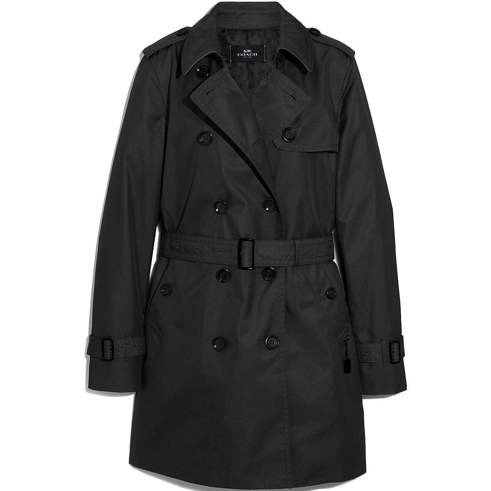 (Women) COACH  Black Double-Breasted Belted Mid-Length Trench Coat. F34024-BLK