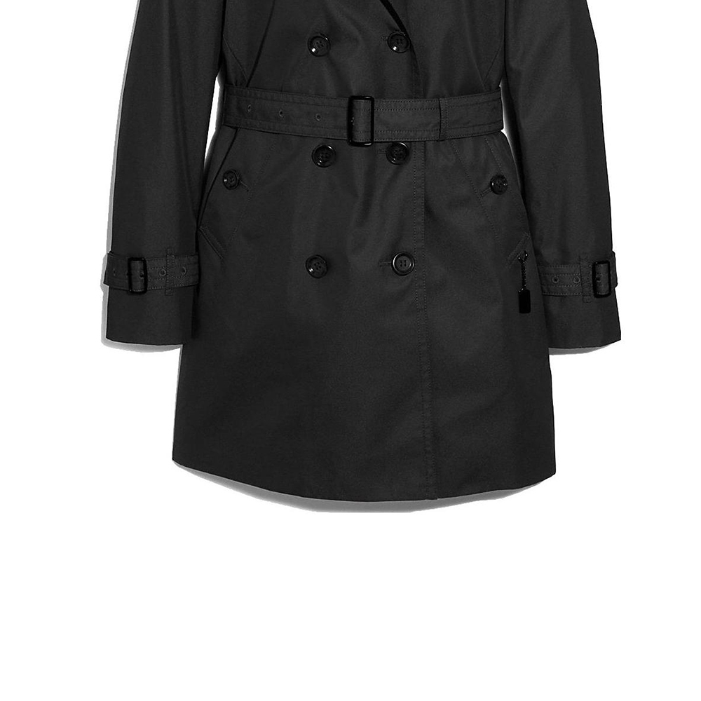 Sizing (Women) COACH  Black Double-Breasted Belted Mid-Length Trench Coat. F34024-BLK