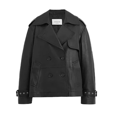 (Women) COACH Black Double-Breasted Leather Jacket with Long Sleeves. CL357-BLK