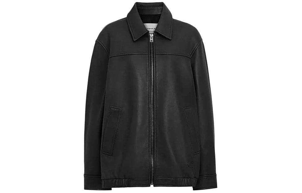 Order (W) COACH 黑色皮革外套 SS24，配拉鍊與尖領設計。 CQ829-BLK
