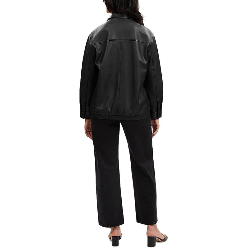 Shop (W) COACH 黑色皮革外套 SS24，配拉鍊與尖領設計。 CQ829-BLK