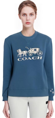 (W) COACH Sweater Biru Crewneck FW22 Desain Snowflake Carriage. CE448-BLU Details for (W) COACH Sweater Biru Crewneck FW22 Desain Snowflake Carriage. CE448-BLU