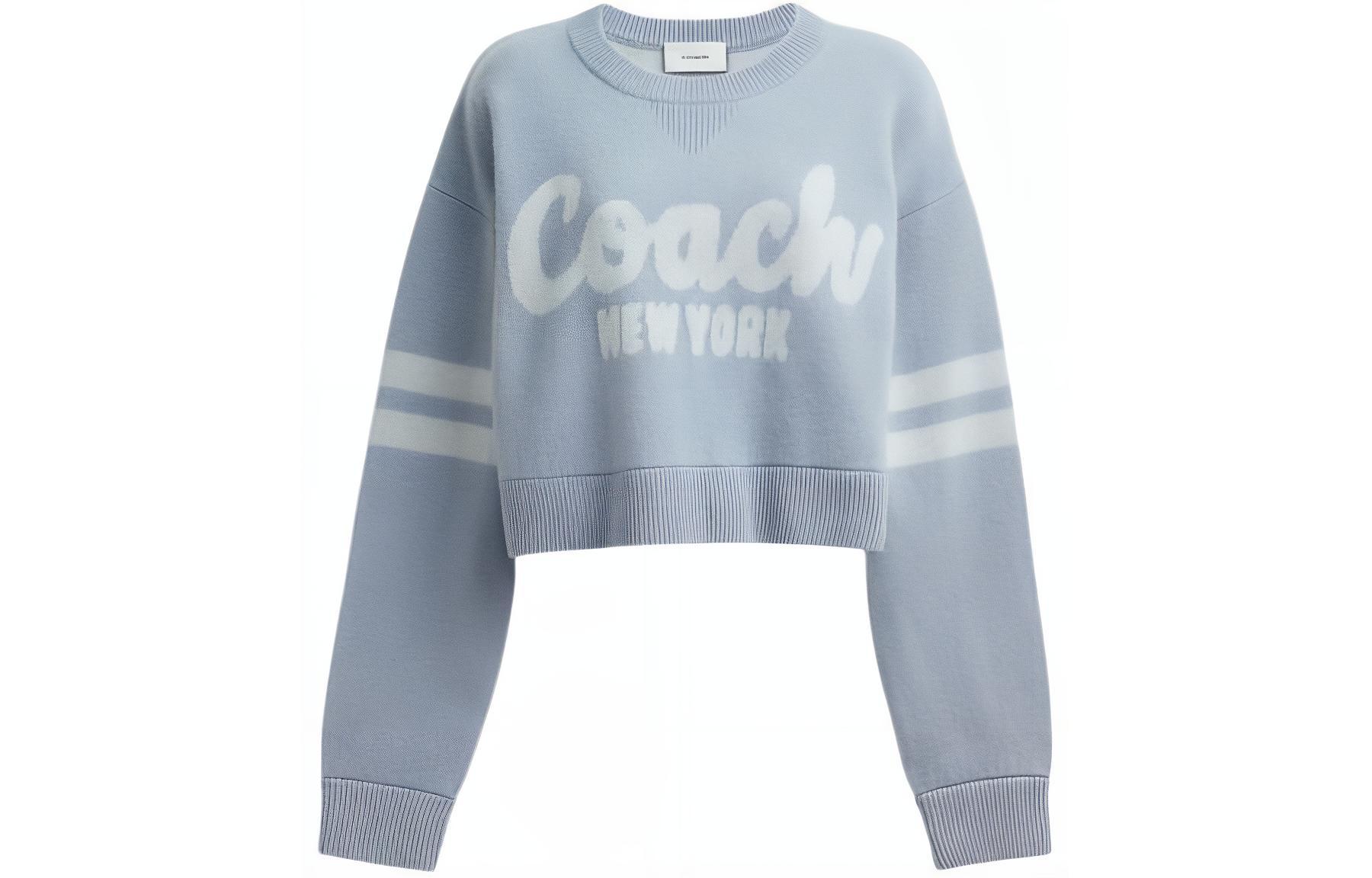 (Women) COACH  Blue Letter Stripe Pattern Crewneck Crop Sweater Long Sleeve. CN488-BLU