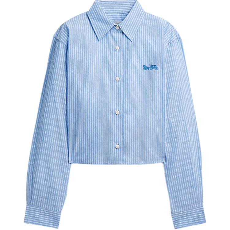 (Women) COACH  Blue Striped Button-Up Cropped Long Sleeve Shirt CQ221-BL-MC