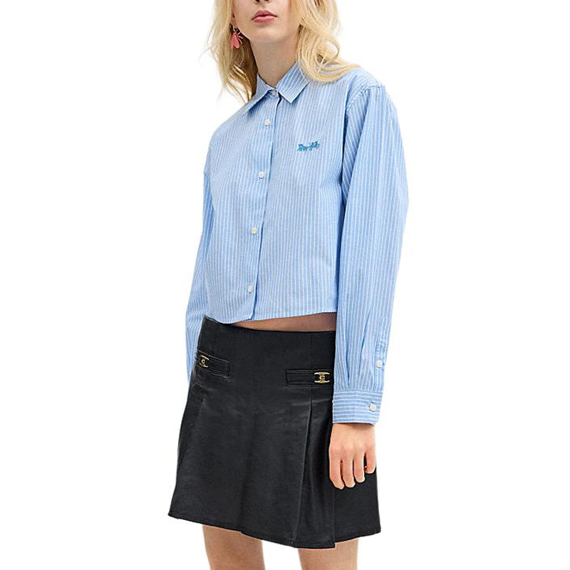 Lookbook (Women) COACH  Blue Striped Button-Up Cropped Long Sleeve Shirt CQ221-BL-MC