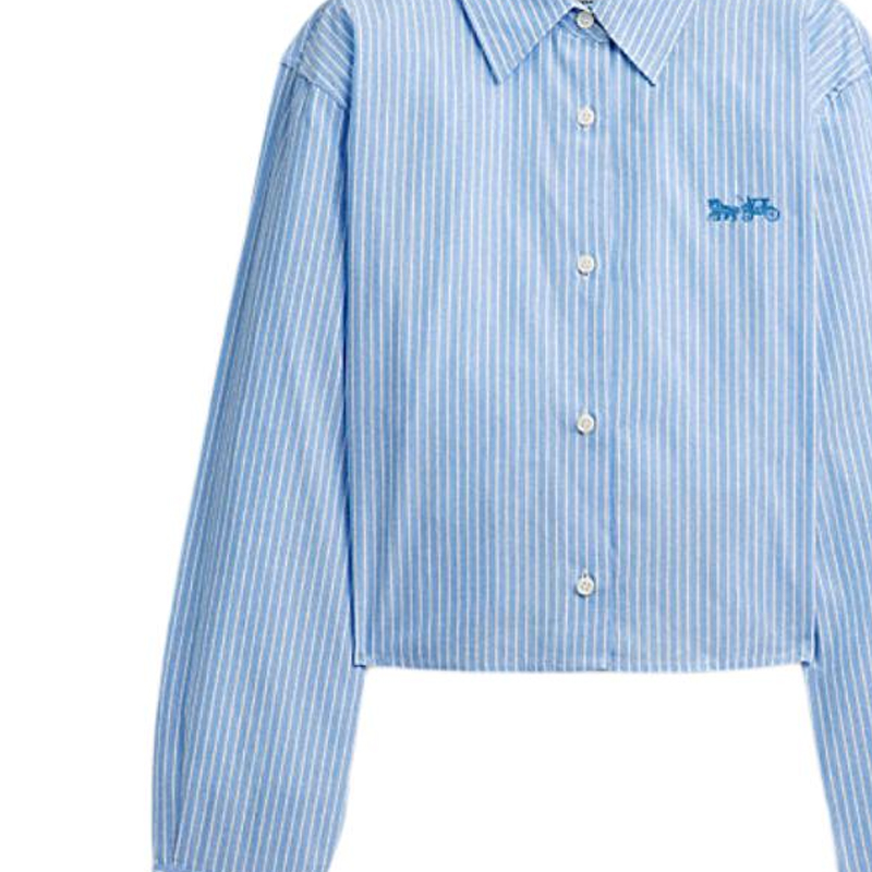 Shop (Women) COACH  Blue Striped Button-Up Cropped Long Sleeve Shirt CQ221-BL-MC