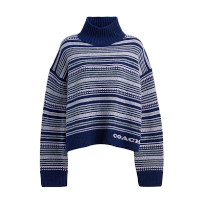 (Women) COACH Blue Turtleneck Striped Oversized Sweater. CV471-NAY