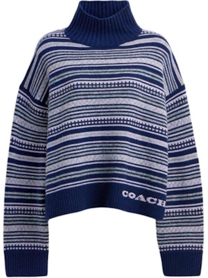 (Women) COACH Blue Turtleneck Striped Oversized Sweater. CV471-NAY Order (Women) COACH Blue Turtleneck Striped Oversized Sweater. CV471-NAY