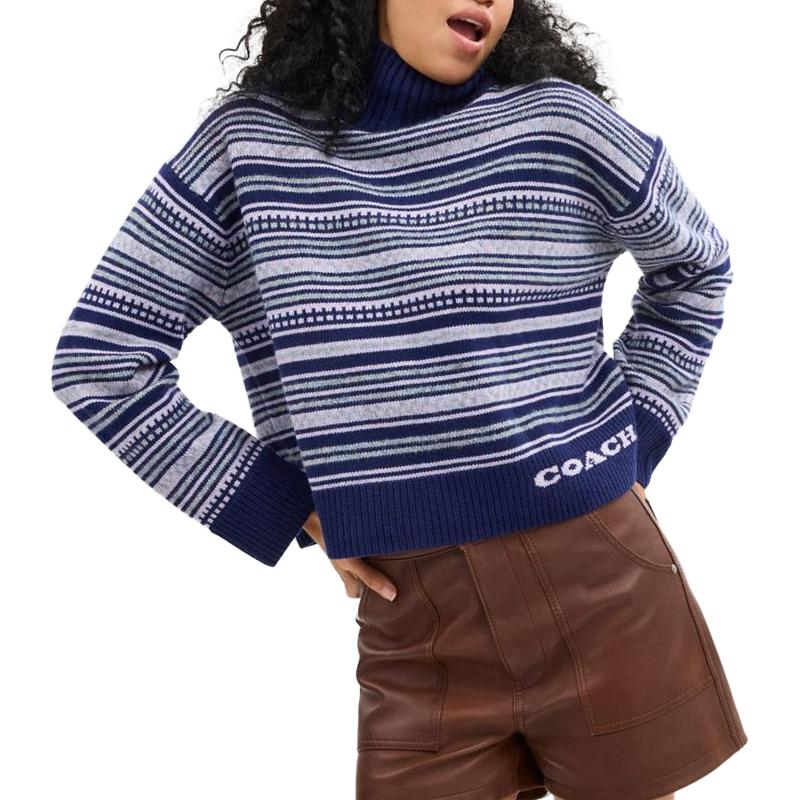 Shop (Women) COACH  Blue Turtleneck Striped Oversized Sweater. CV471-NAY