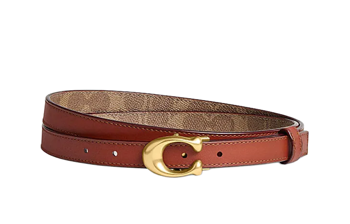 (Women) COACH  Brown Leather Belt with Engraved Signature Buckle 2cm. CS497-B4NQ4