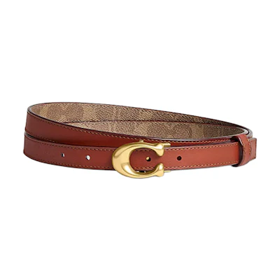 (Women) COACH Brown Leather Belt with Engraved Signature Buckle 2cm. CS497-B4NQ4