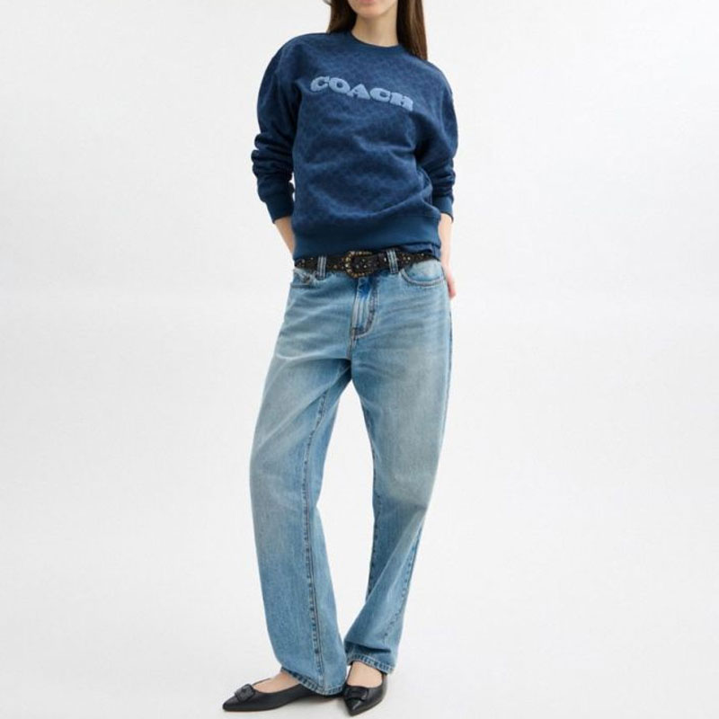 Lookbook (Women) COACH  Classic Crewneck Cotton Long-Sleeve Sweatshirt - Blue CZ190-NAY