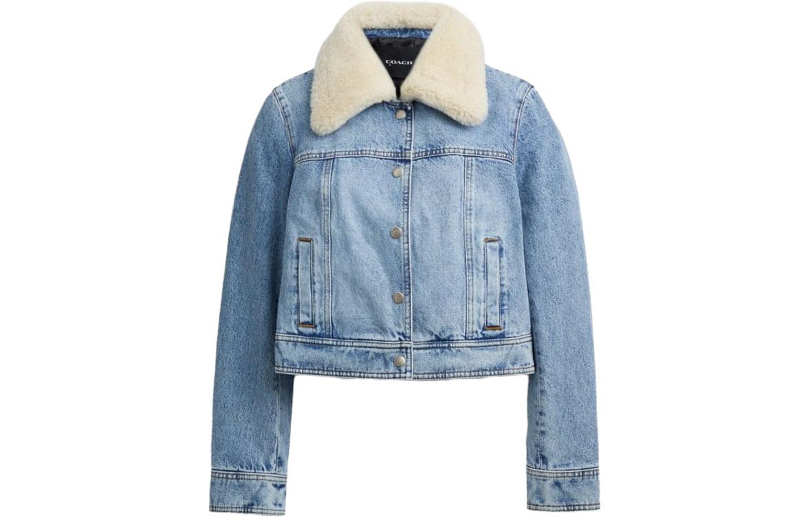 Order (W) COACH Jaket Denim Biru dengan Kolar Shearling Boleh Tanggal CM287-BLU