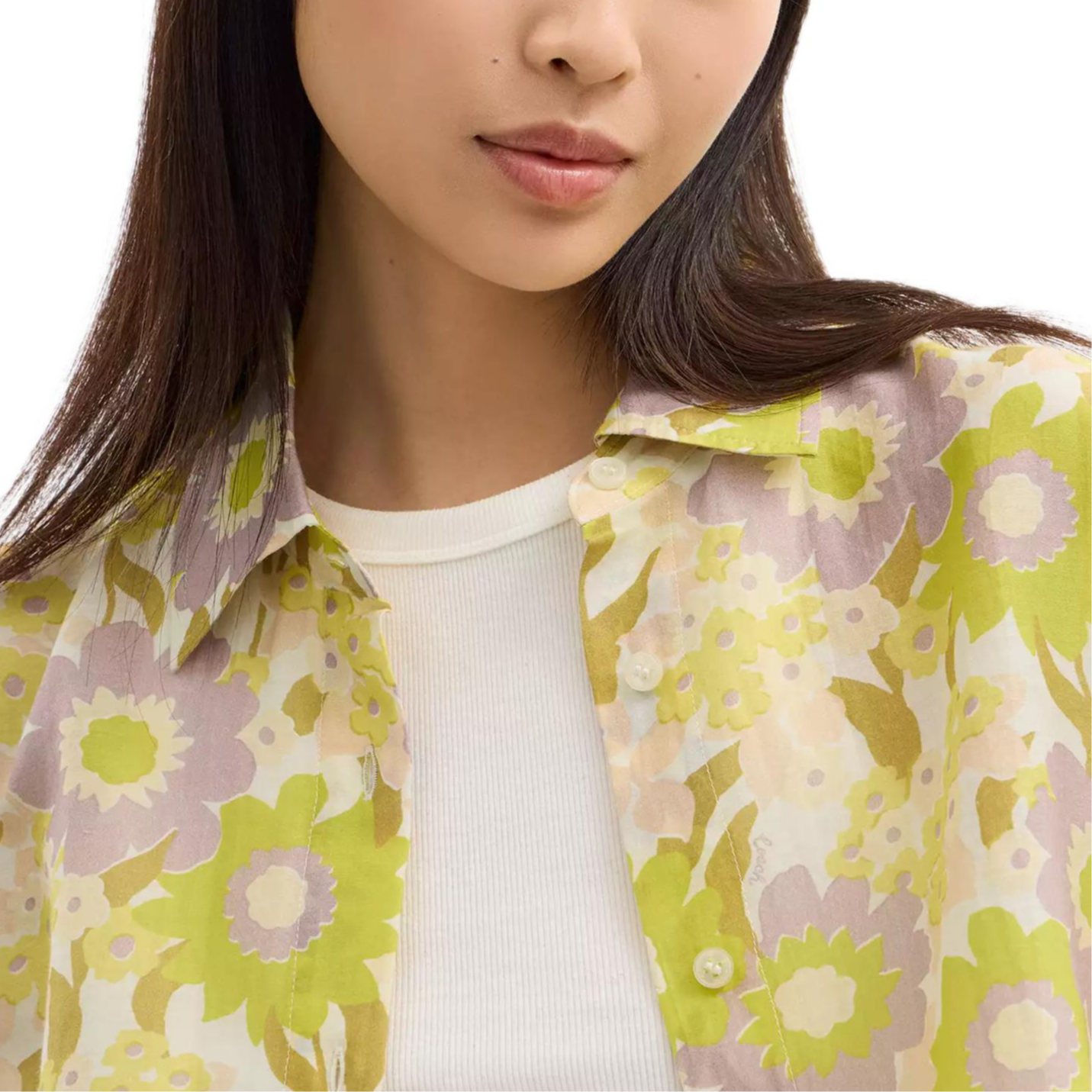 Purchase (Women) COACH  Floral Yellow Cotton Batiste Long Sleeve Shirt SS25. CAU02-Y1D