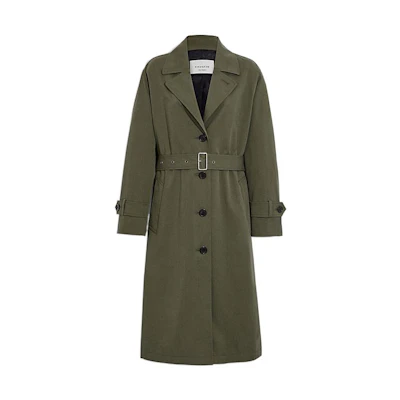 (Women) COACH FW22 Solid Color Belted Trench Coat in Fern Green. CB591-FRN
