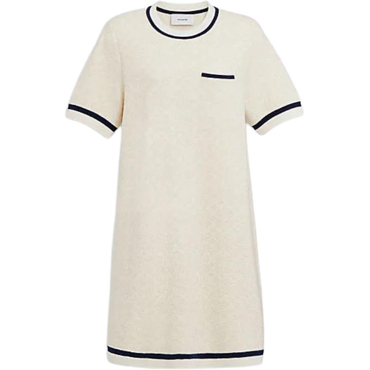 (Women) COACH  Knitted Short Sleeve Mini Dress Ivory White SS24 Striped Trim. CT693-VMI