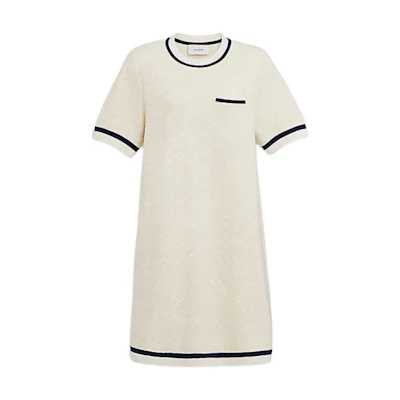 (Women) COACH Knitted Short Sleeve Mini Dress Ivory White SS24 Striped Trim. CT693-VMI