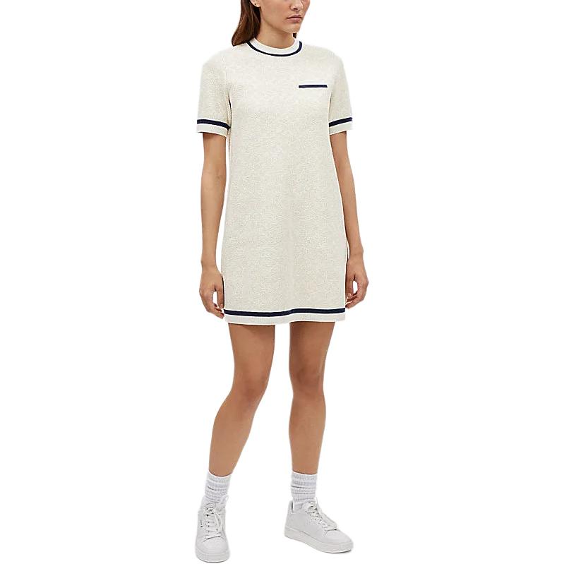 Lookbook (W) COACH Mini Dress Lengan Pendek Rajut Putih Gading SS24 dengan Trim Garis. CT693-VMI