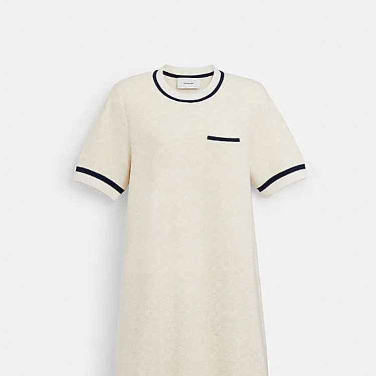 Purchase (W) COACH Mini Dress Lengan Pendek Rajut Putih Gading SS24 dengan Trim Garis. CT693-VMI