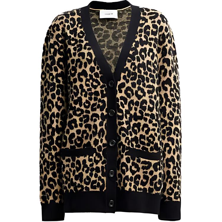 (Women) COACH  Leopard Print Casual Long Sleeve Knit Cardigan in Khaki. CM789-TAM