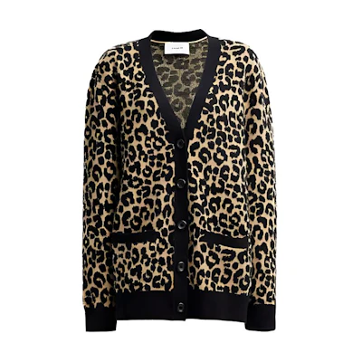 (Women) COACH Leopard Print Casual Long Sleeve Knit Cardigan in Khaki. CM789-TAM