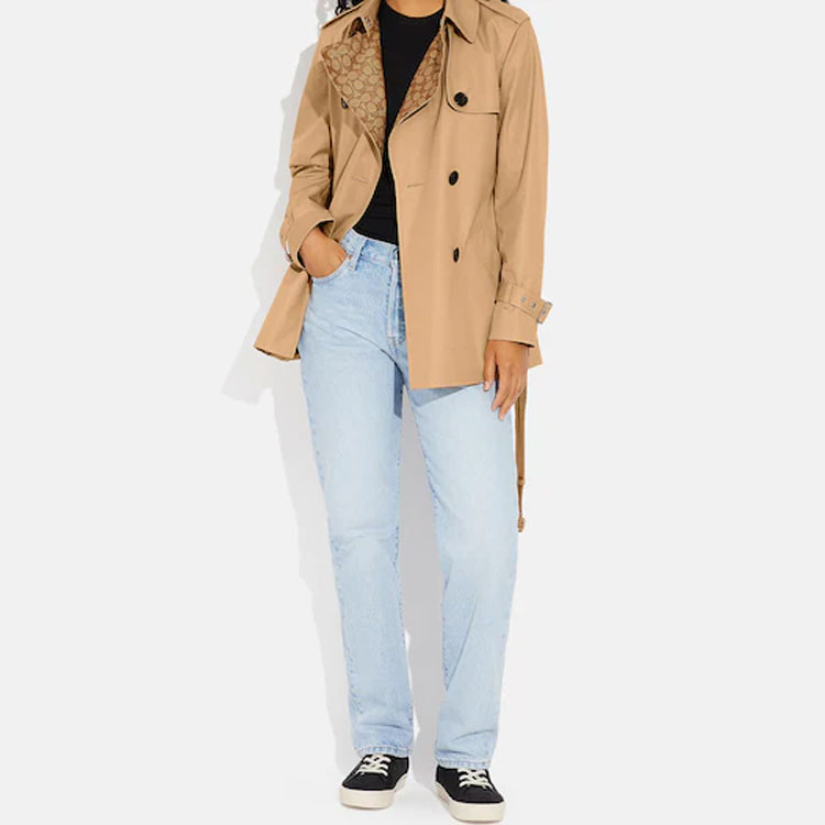 Lookbook (Women) COACH  Long Sleeve Double-Breasted Trench Coat in Khaki. CG052-EAL