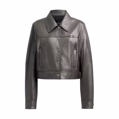 (Women) COACH Metallic Silver Leather Jacket - Slim Fit Short Style CX551-SLV