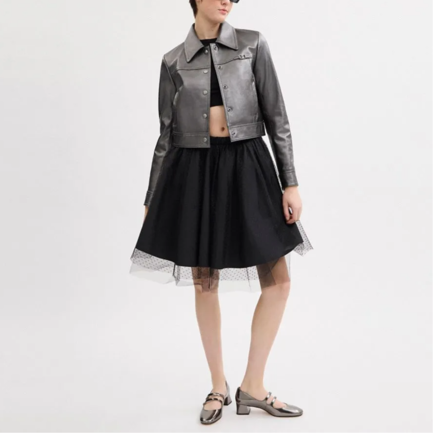 Lookbook (Women) COACH  Metallic Silver Leather Jacket - Slim Fit Short Style CX551-SLV