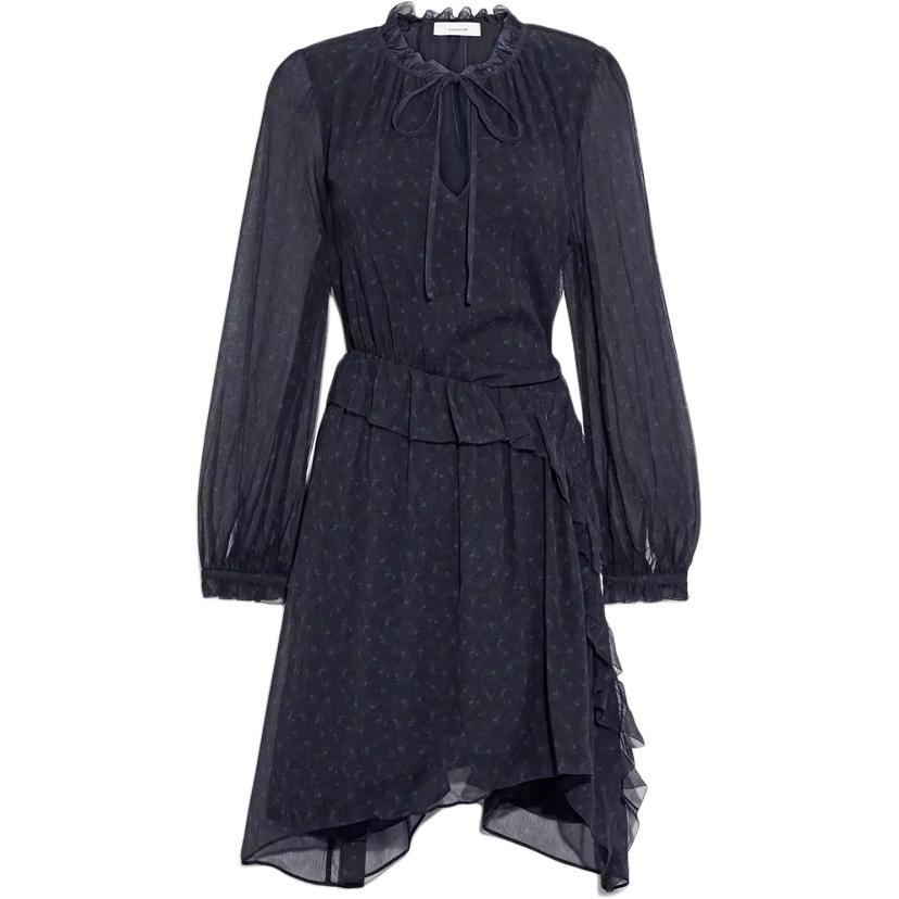 (Women) COACH  Navy Blue Floral Ruffle V-Neck Tie Long Sleeve Dress. C5473-NAV