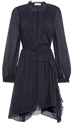 (W) COACH Gaun Biru Navy Bunga Ruffle V-Leher Bersimpul Lengan Panjang. C5473-NAV Order (W) COACH Gaun Biru Navy Bunga Ruffle V-Leher Bersimpul Lengan Panjang. C5473-NAV