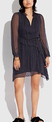 (W) COACH Gaun Biru Navy Bunga Ruffle V-Leher Bersimpul Lengan Panjang. C5473-NAV Lookbook (W) COACH Gaun Biru Navy Bunga Ruffle V-Leher Bersimpul Lengan Panjang. C5473-NAV