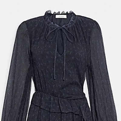 (W) COACH Gaun Biru Navy Bunga Ruffle V-Leher Bersimpul Lengan Panjang. C5473-NAV Shop (W) COACH Gaun Biru Navy Bunga Ruffle V-Leher Bersimpul Lengan Panjang. C5473-NAV