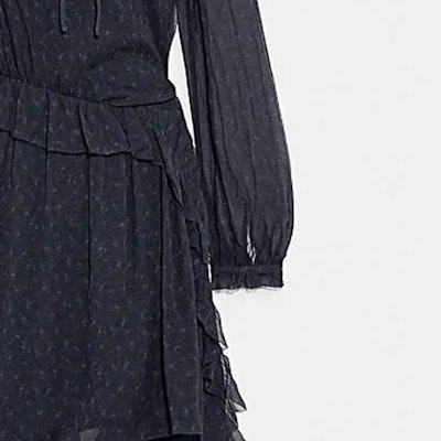 (W) COACH Gaun Biru Navy Bunga Ruffle V-Leher Bersimpul Lengan Panjang. C5473-NAV Details for (W) COACH Gaun Biru Navy Bunga Ruffle V-Leher Bersimpul Lengan Panjang. C5473-NAV