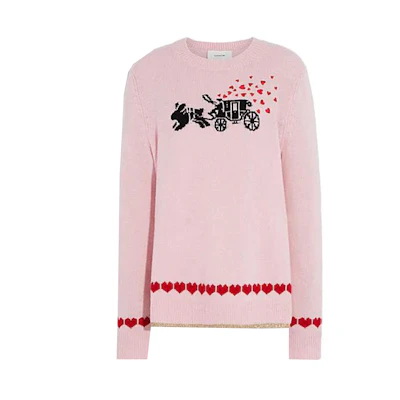 (Women) COACH Pink Heart Embroidered Crewneck Sweater Long Sleeve. CE431-LPK