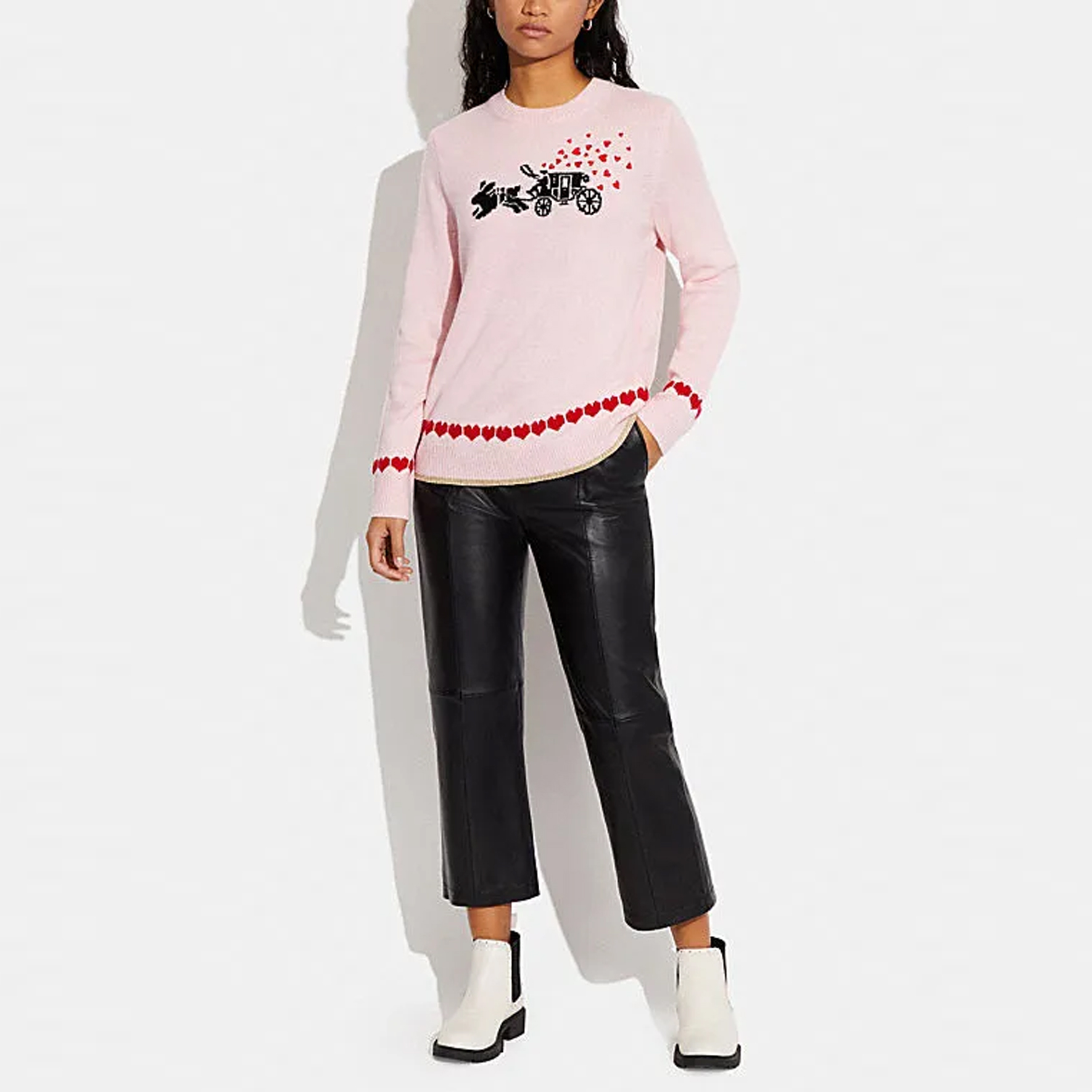 Lookbook (Women) COACH  Pink Heart Embroidered Crewneck Sweater Long Sleeve. CE431-LPK