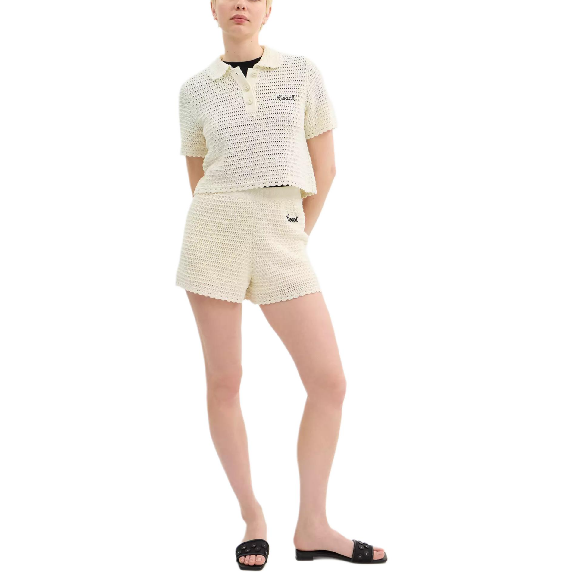 Lookbook (Women) COACH  Short-Sleeve Cotton Knit Polo Shirt Beige SS25 Summer Collection CAU12-CRM