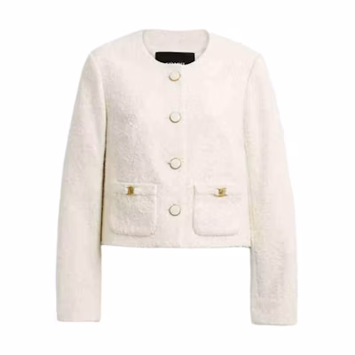 (Women) COACH Short Tweed Jacket Long-Sleeve Crewneck Off-White CBT08-CRM