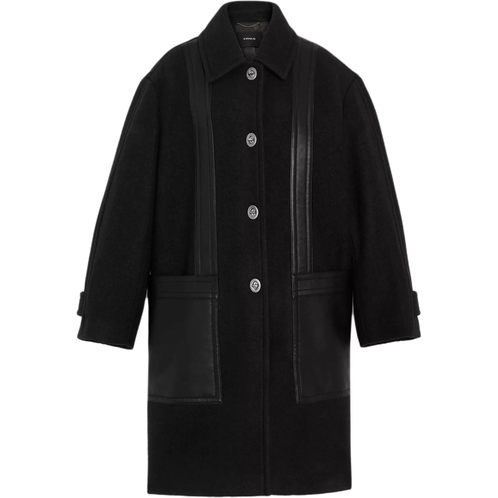 (Women) COACH  Single-Breasted Mid-Length Coat Black Colorblock Design CF054-BLK