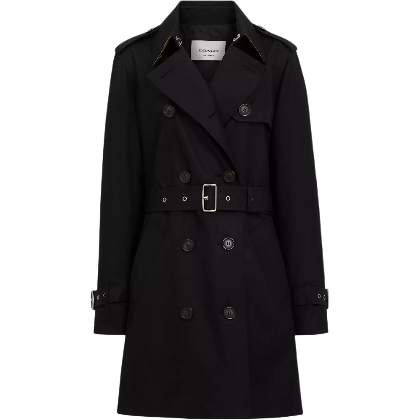 (Women) COACH  Solid Black Double-Breasted Long Trench Coat CR116-BLK