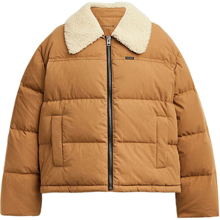 Order (Women) COACH  SS24 Khaki Puffer Jacket with Logo Patchwork and Zipper. CV432-LRC