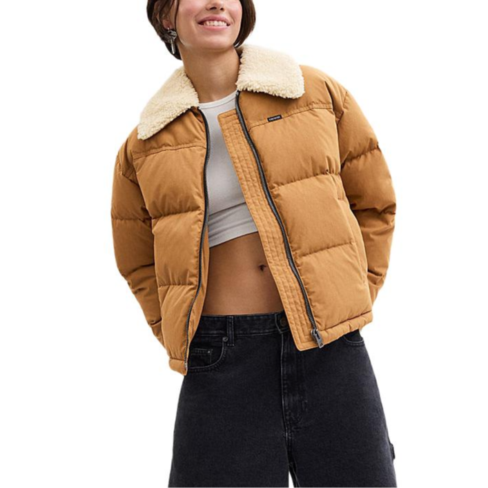 Lookbook (Women) COACH  SS24 Khaki Puffer Jacket with Logo Patchwork and Zipper. CV432-LRC