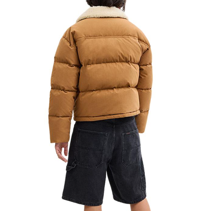 Shop (Women) COACH  SS24 Khaki Puffer Jacket with Logo Patchwork and Zipper. CV432-LRC