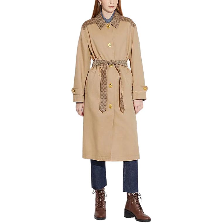 Lookbook (Women) COACH  SS24 Logo Print Long Sleeve Trench Coat Classic Khaki. CR125-EAL