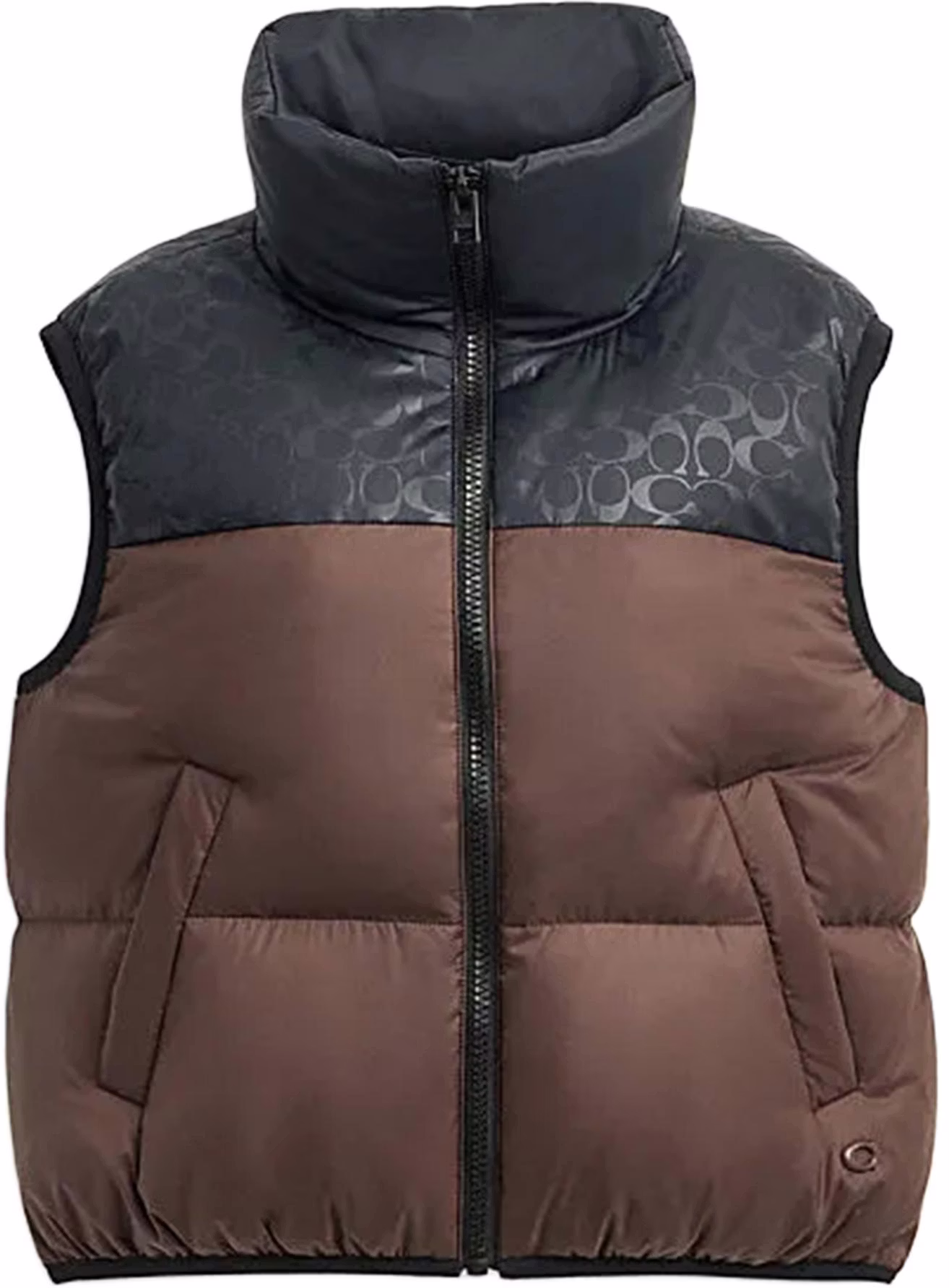 women-coach-ss-24-solid-color-zip-up-stand-collar-vest-black-brown-cu-417-bk