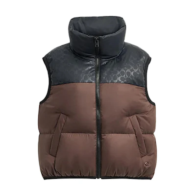 (Women) COACH SS24 Solid Color Zip-Up Stand Collar Vest - Black Brown CU417-BK