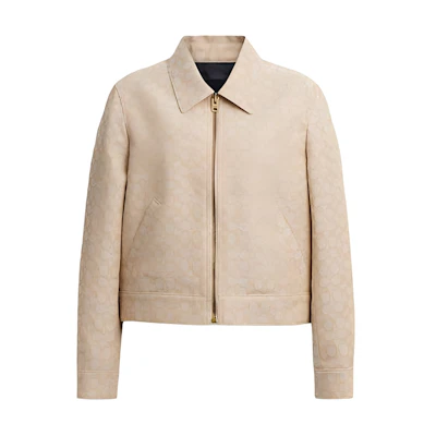 (Women) COACH SS25 Printed Long Sleeve Jacket with Zipper Pocket in Light Khaki. CAG62-LKH