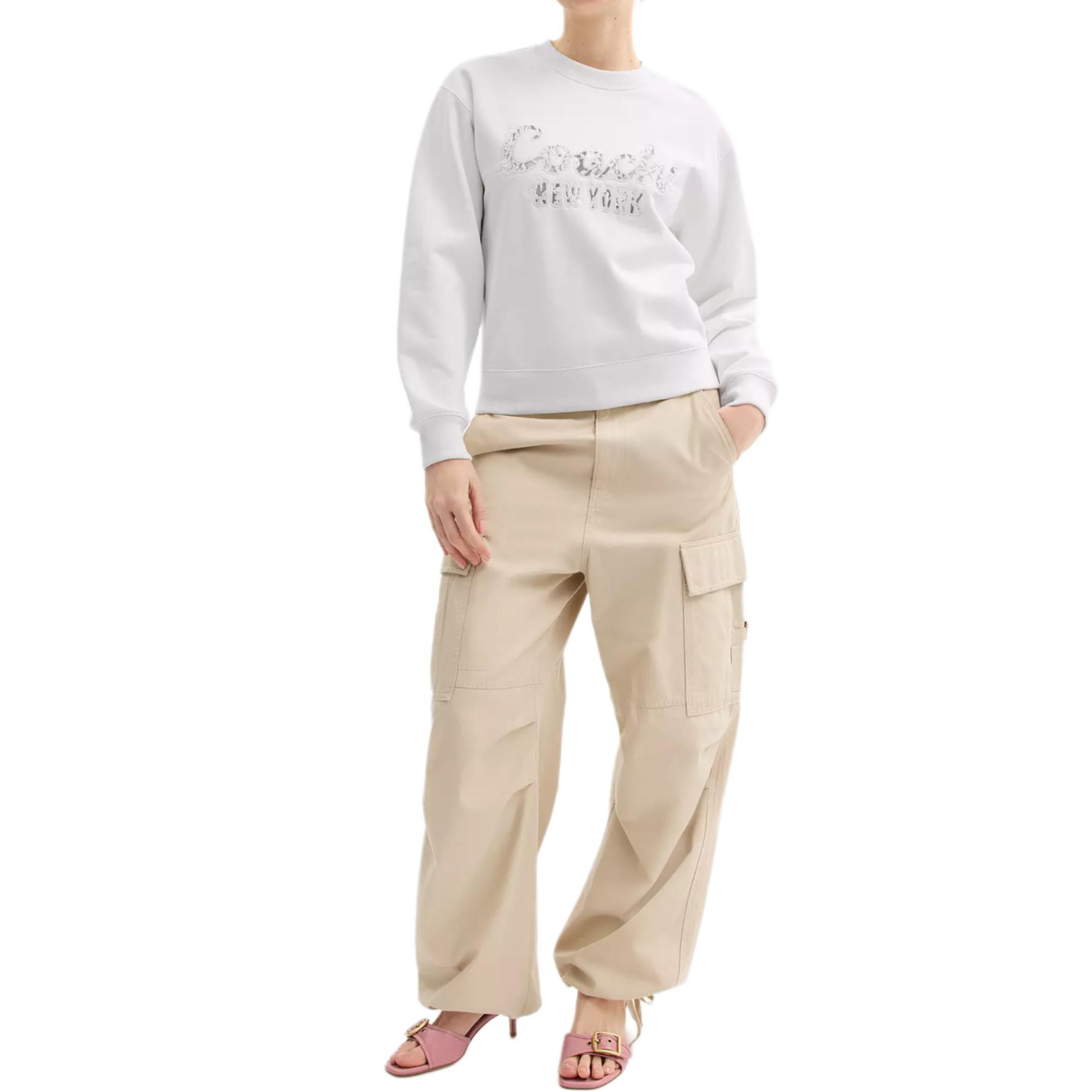 Lookbook (Women) COACH  White Crewneck Sweatshirt with Embroidered Script Logo. CAH59-WHT